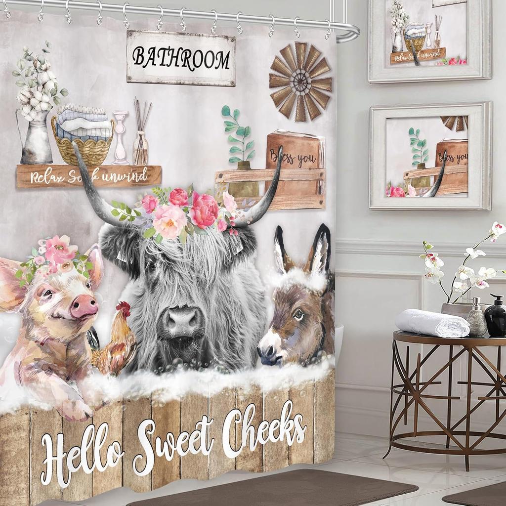 Imirell Rustic Highland Cow Shower Curtain 60Wx72H Inches Farm Funny Animal Farmhouse Donkey Chicken Pig Flower Wooden Country W