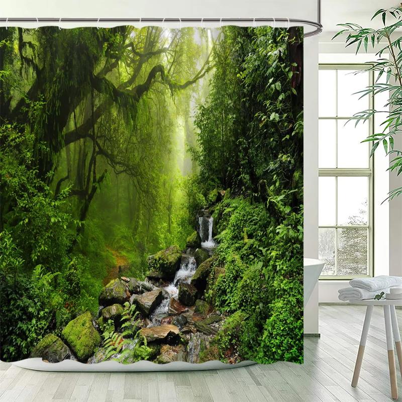 Jarní lesní krajina Sprchový závěs Tropické rostliny džungle Vodopád Přírodní scenérie Závěsy Zahradní koupelnová dekorace s háčky