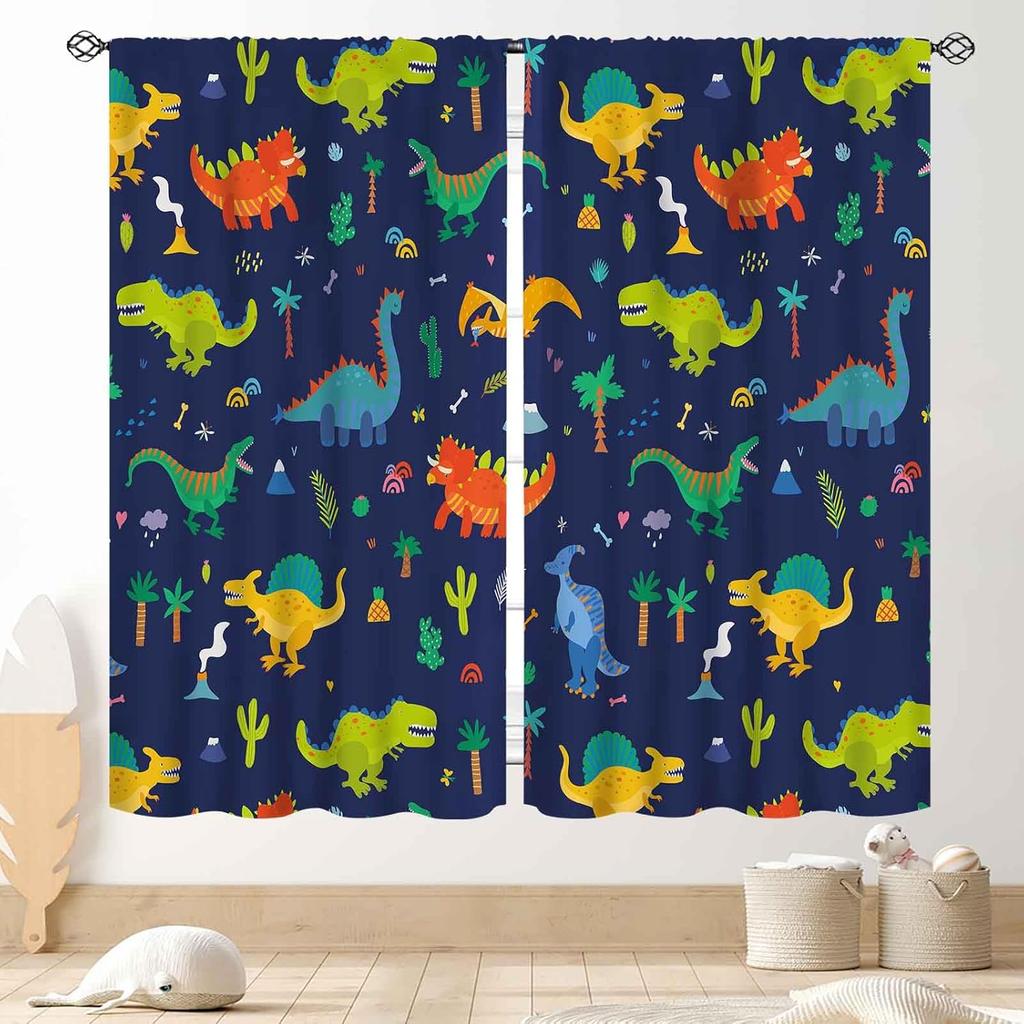 Dinosaur Curtains Boys Room Cartoon Dino Navy Blue Safari Animal Outer Space Planet Astronaut Theme Baby Window Curtain Blackout Polyester