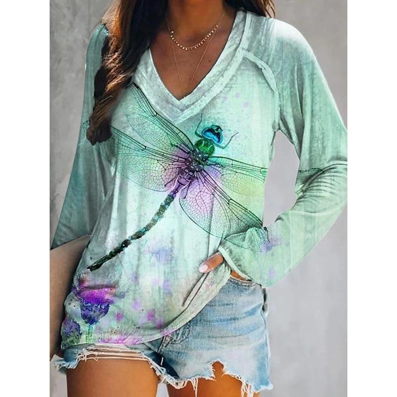 Women's Elegant V-neck Diamond Ethnic Print Long Sleeve T-shirt Soft Polyester Perfect for Autumn and Winter Casual Wear Tops