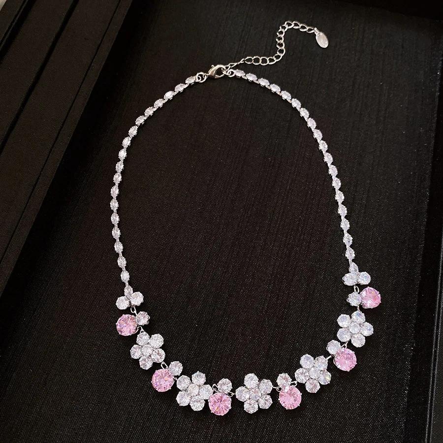 Inlaid Rhinestone Zircon Flower Zircon Sets for Women Exaggerated Sweet Collarbone Chain Light Luxury Necklace Earrings Set