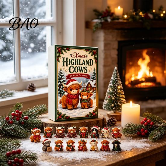 Decorative Tabletop Display 2026 Highland Cow Advent Calendar, 24 Day Christmas Countdown Calendar with 2D Acrylic Collectible Durable Hanging Pieces