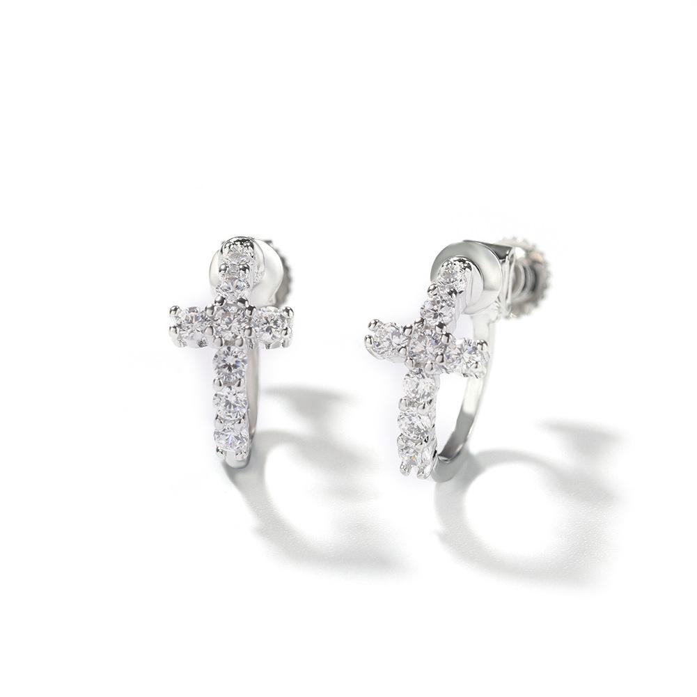 Classic Hip-hop Simple Men's Stud Earrings Personalized Black Spiral Buckle Cross Earrings 5A Zircon Ear Jewelry