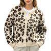 Women's Leopard Print V-Neck Knit Cardigan Soft Sweater