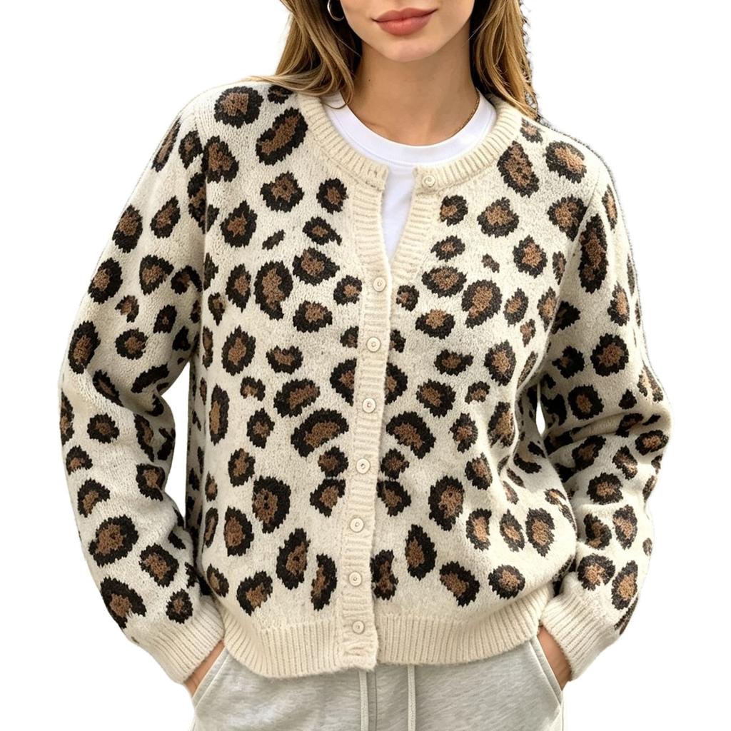 Women's Leopard Print V-Neck Knit Cardigan Soft Sweater