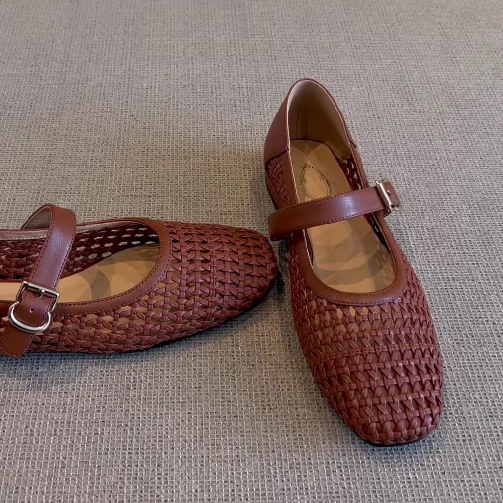 Sheepskin Version Niche Hollow Retro Woven One-word Strap Single Shoes Women's Summer New Flat Mary Jane Shoes Hole Shoes