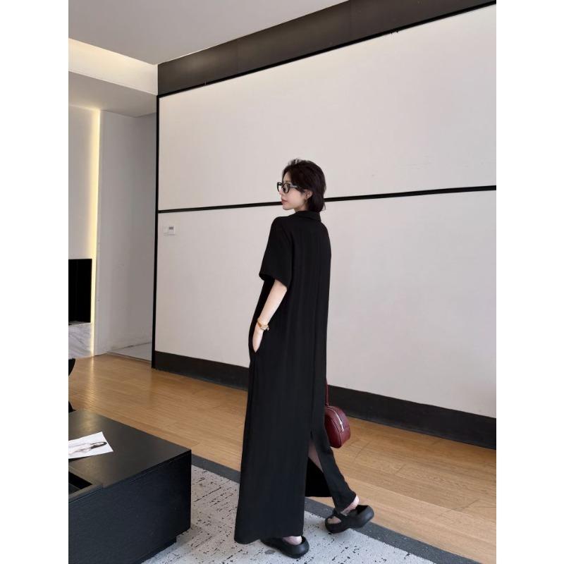 DIMANAF 2026 Plus Size New Black Dress Summer Women Shirt Dress Loose Beach Casual Long Dresses V-Neck Elegant