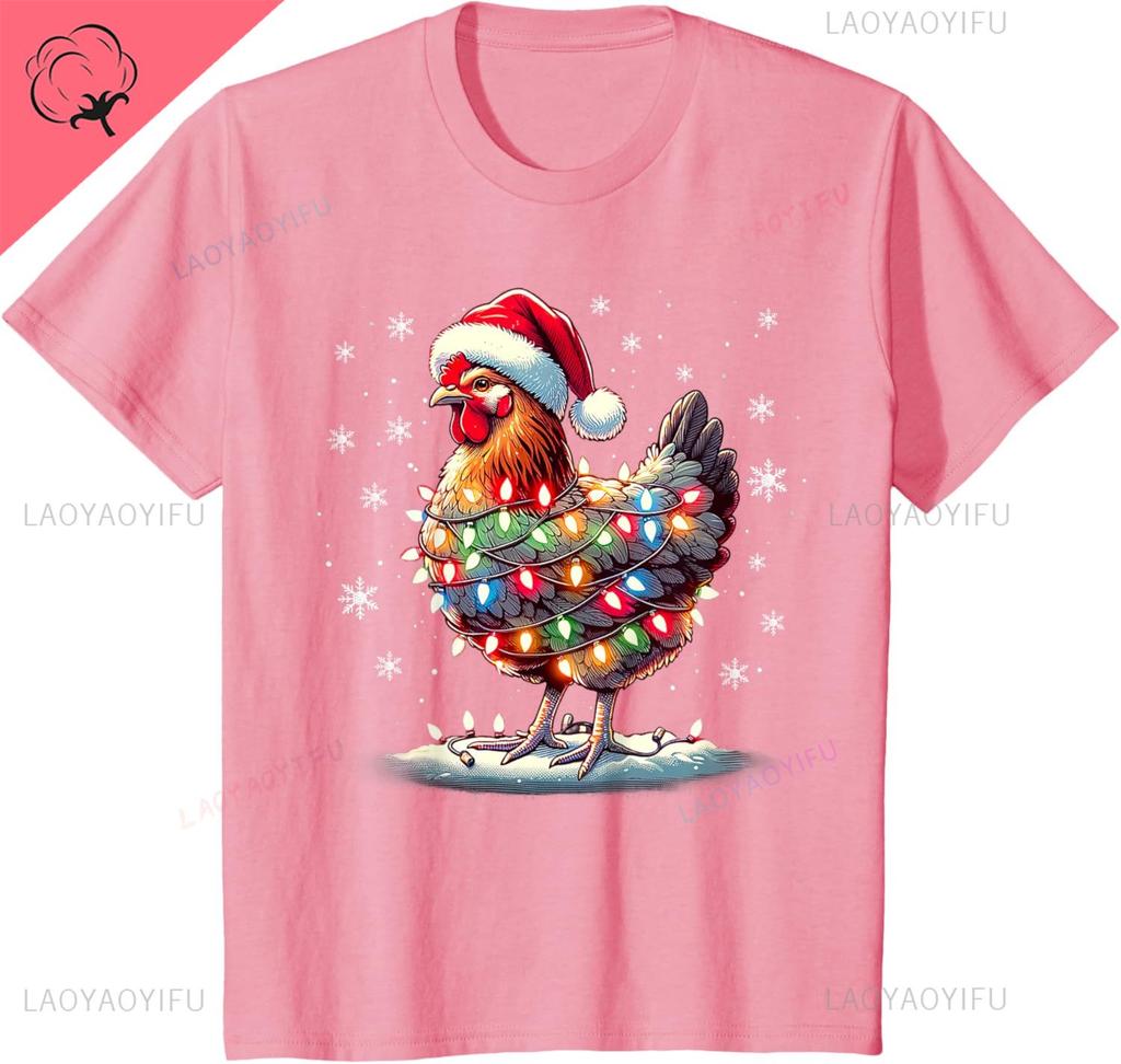 Chicken Santa Christmas Light Funny Xmas Chicken Pajamas TShirt Unisex Summer Streetwear Tops Cotton Ropa Hombre