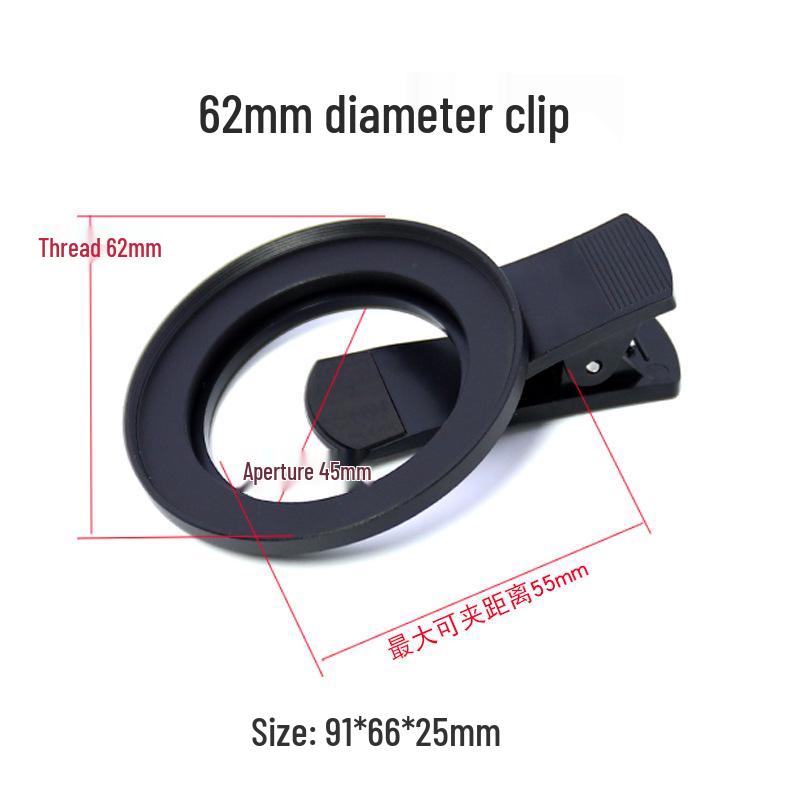 Universal Phone Lens and Filter Clip: Fits 37mm, 49mm, 52mm, 62mm, 67mm, 72mm, and 82mm Diameters.