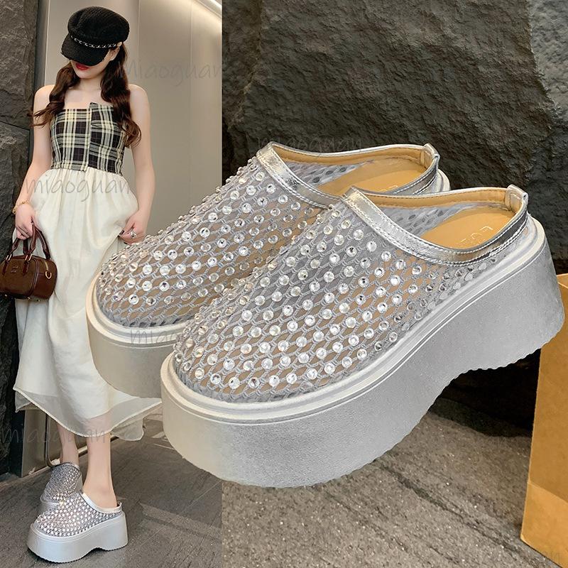 Crystal Mules Platform Shoes Woman's Mesh Slippers Casual Flat Sandals Summer 2025 Trend Dress Comfort Wedges Sandalias Size 35