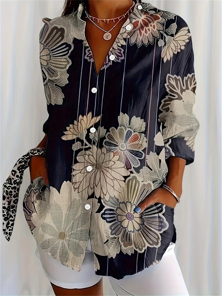 Women's Vintage Floral Print Long Sleeve Shirt - Casual Button Up Top, Classic Neckline, Machine Washable