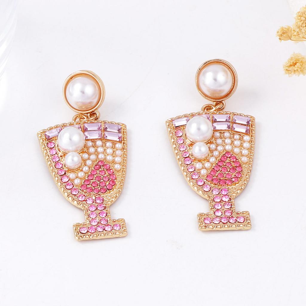 European and American Creative Earrings Geometric Earrings Diamond Cold Drink Wine Glass Earrings Pearl Stud Earrings Temperament Women's Jewelry