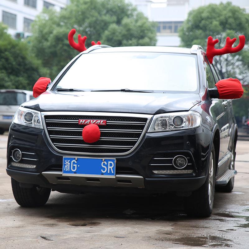 Car Christmas Decoration Elk Antler Car Vehicle Nose Horn Costume Decor Set Rudolph Christmas Reindeer Antlers Red Nose