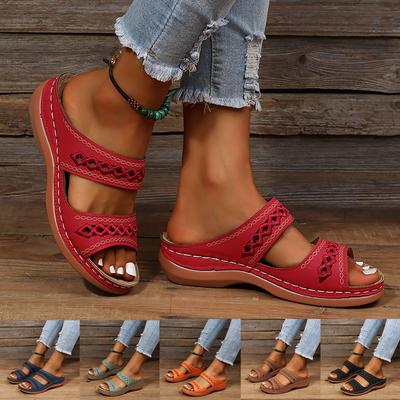 Women Summer Solid Color Slip On Casual Open Toe Wedges Soft Bottom Breathable Slippers Shoes Low Heeled Sandals for Women