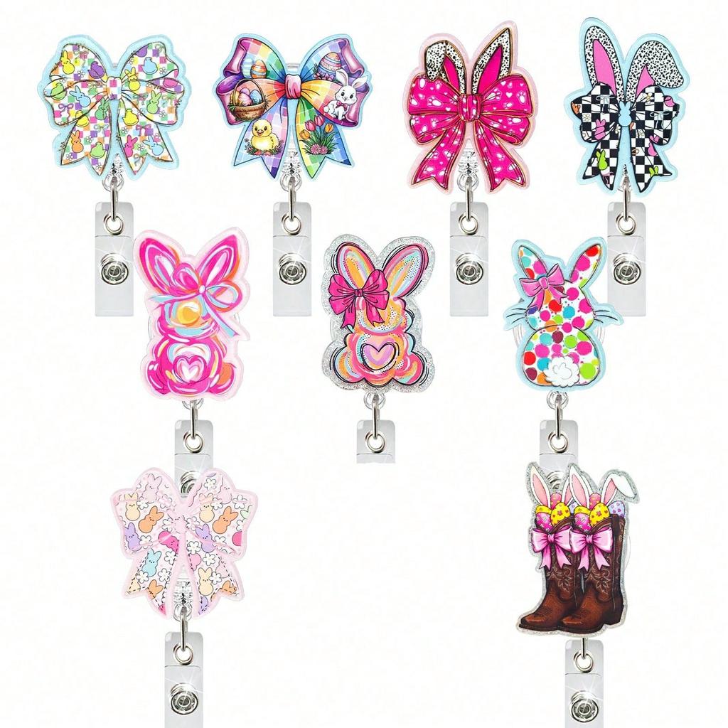 1pc Bunny Egg Bow Retractable Badge Reel, Swivel ID Card Holder Clip For Doctor, Nurse, Office Worker, Party