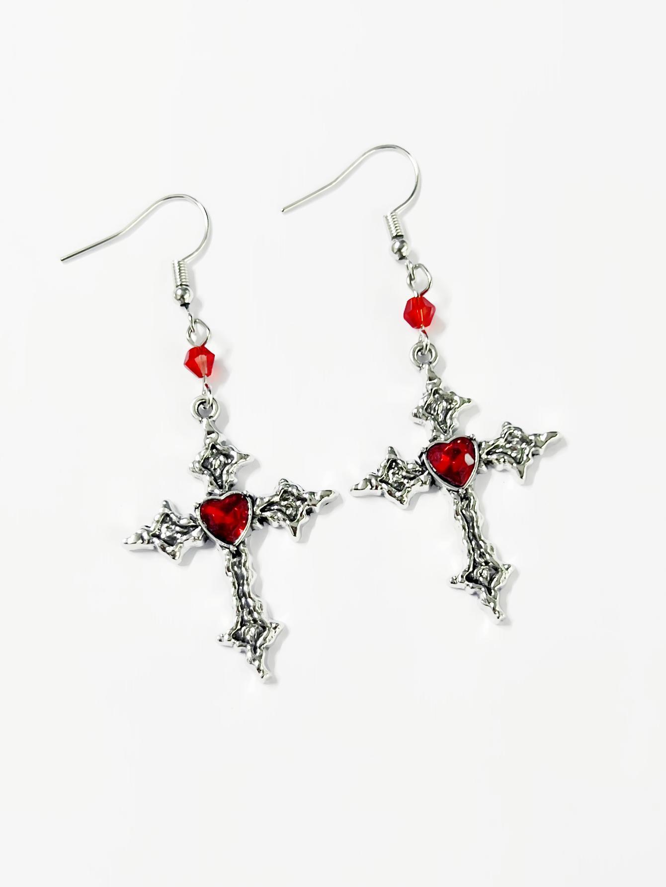

Gothic Punk Silver Color Liquid Metal Cross Red Heart Rhinestone Dangle Earrings for Women Hallowmas Party Hip Hop Jewelry Gifts червоний