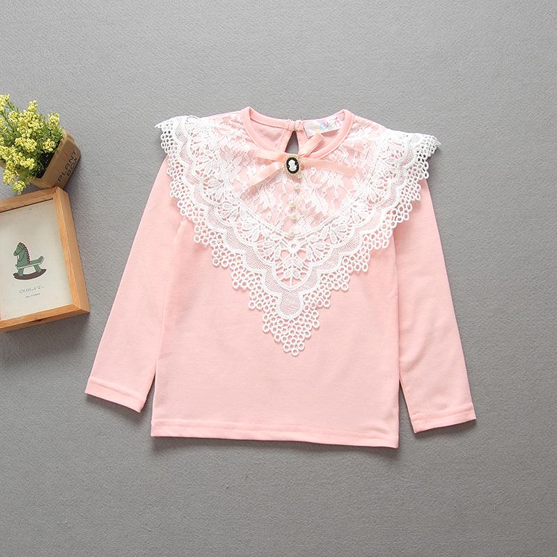 Girls' Spring & Autumn Korean Style Lace Beaded T-Shirt Top