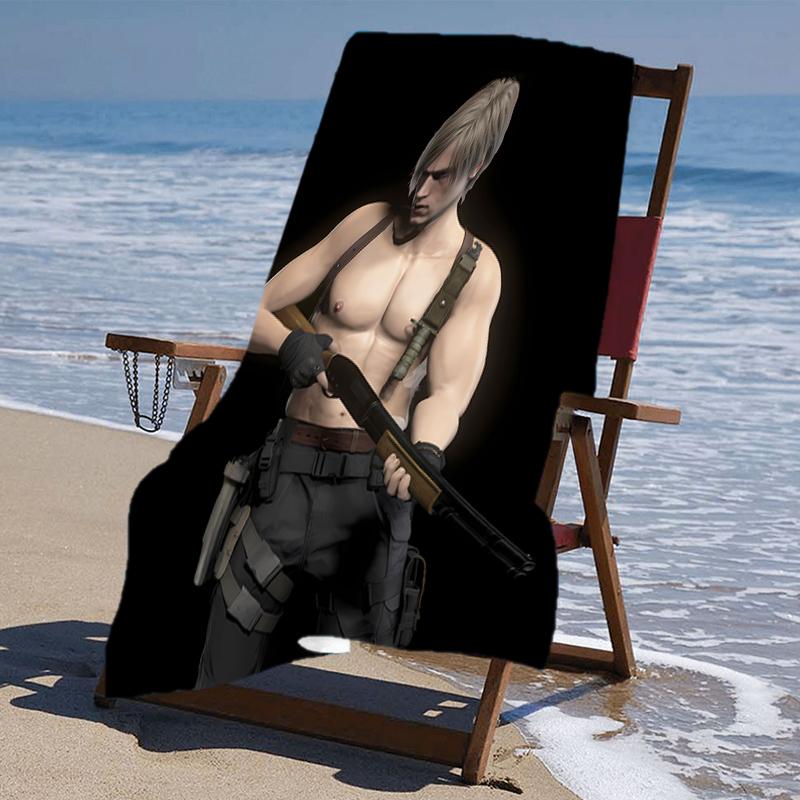 proof beach towel with a Resident Evil Leon S. Kennedy2 pattern - soft,absorbent,quick-drying,machine washable - perfect for swimming,camping,bathing