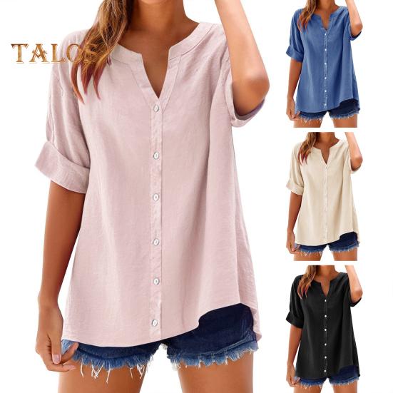 Women Shirt V-Neck Short Sleeve Buttons Placket Shirt Tops Solid Color Loose Fit Breathable Shirt Daily Wear