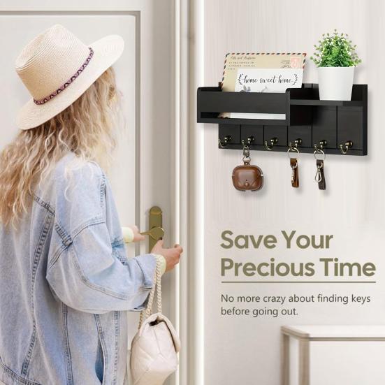 Wooden Home Key Holder with 6 Hooks Open Shelf Rustic Wall Mount Key Organizer Multi-purpose Home Office Entryway Decorative Key Hanger