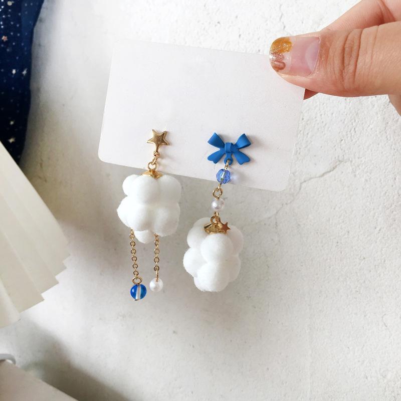 Korean Style White Cloud Water Drop Stud Earrings for Women Crystal Stars Bow Asymmetry Earring Wedding Party Jewelry Gifts