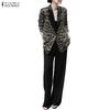 ZANZEA Women Leopard Print Cardigan Blazer and Pants Casual Two Piece Suit Sets