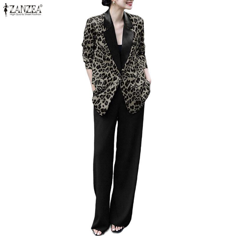 ZANZEA Women Leopard Print Cardigan Blazer and Pants Casual Two Piece Suit Sets