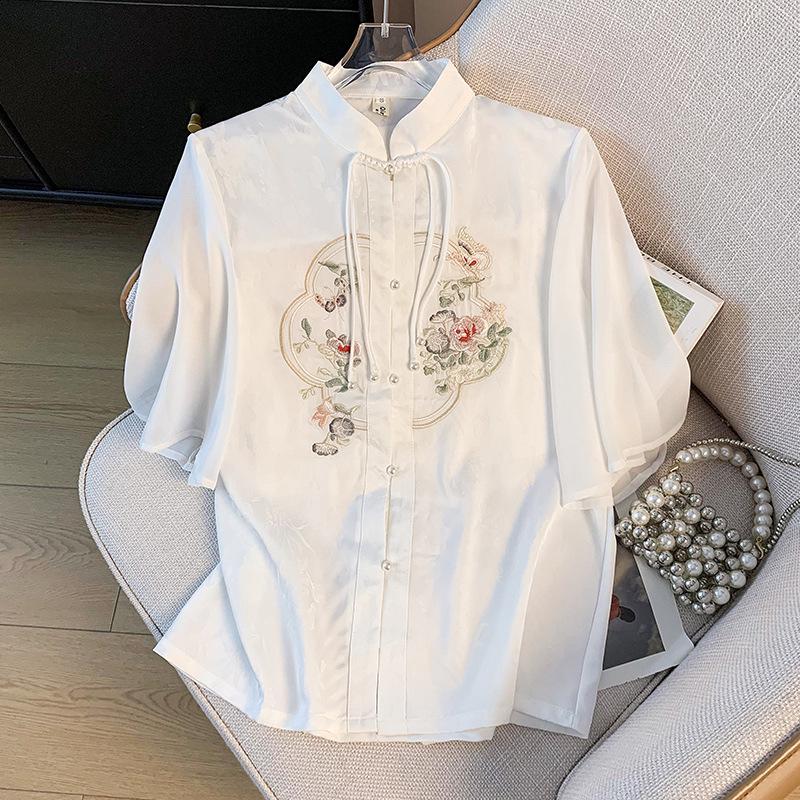 

Chinese Stand-Up Collar Frog Button Jacquard Embroidery Flared Sleeve Shirt L