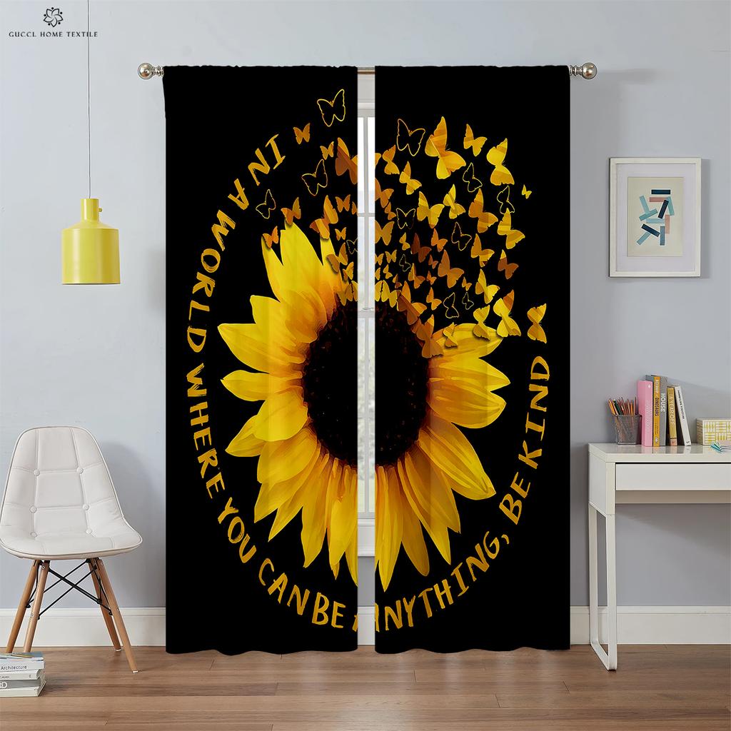 Retro Floral Sunflower Drapes Creative Letters Fashionable Print Curtains Bedroom and Living Area Ornamental Curtains