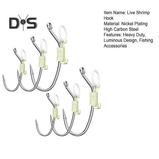 6/12/24Pcs Luminous Live Shrimp Fixing Hook Heavy Duty Metal Barbed Fishhook Freshwater Saltwater Catfish Bass Fishing Hook Fishing Accessories