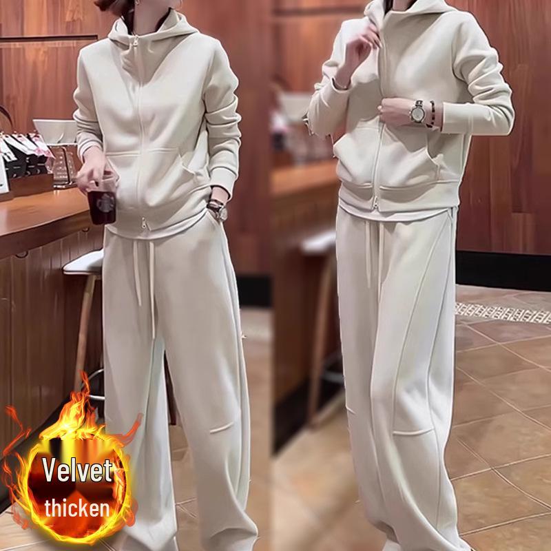 

Elegant Milk Apricot Two-Piece Set: Hoodie & Wide-Leg Pants for Autumn/Winter XX-Large