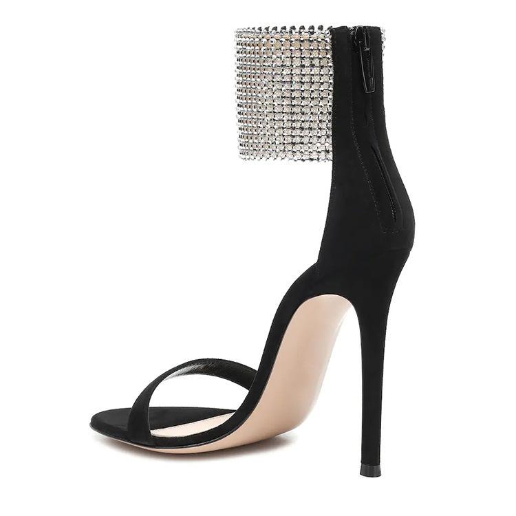 2025 New Amazon Stiletto Plus Size Women's Sandals Foreign Trade Word with Rhinestone High Heels