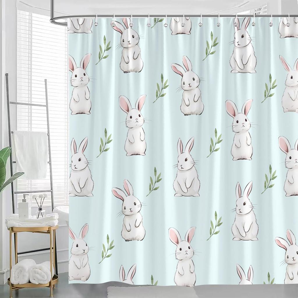 Rabbit Shower Curtain for Bathroom Easter Bunny Farm Animals Rustic Plants Green Leaves Cute Cartoon Wildlife Bathroom Decor