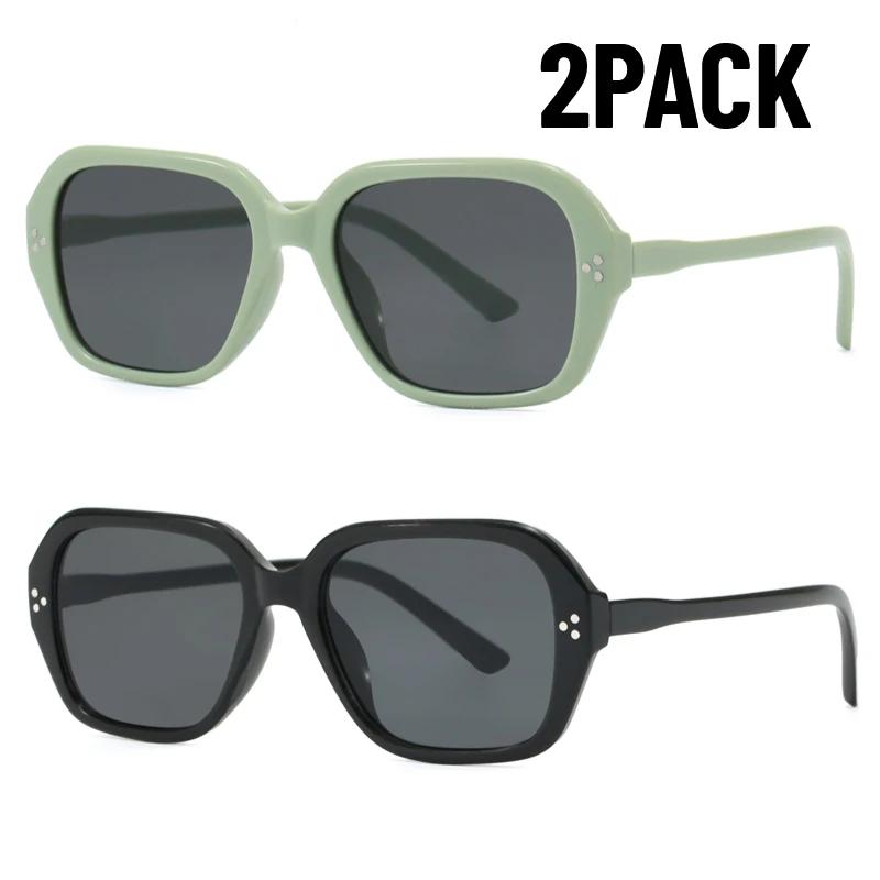 1/2PACK Women Square Sunglasses Big Frame UV400 Retro Rivets Men Olive Green Classic Sun Glasses