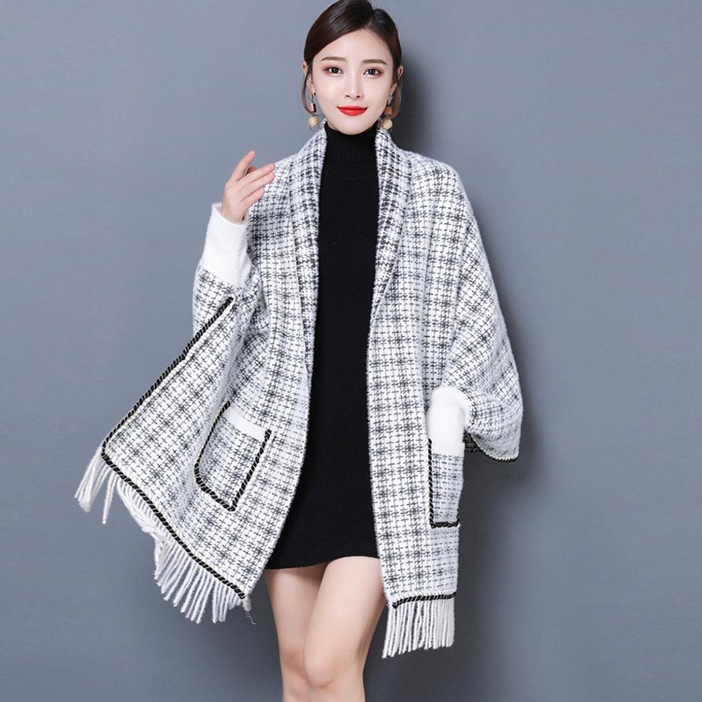 Cashmere Women's Tweed Pocket Cardigan Shawl Knit Cape