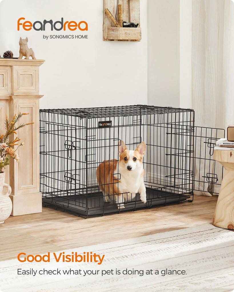 FEANDREA Dog Crate, Foldable, 92.5 cm Long, 2 Doors, L, Black