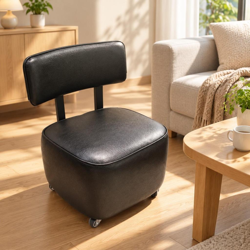 Movable Upholstered Low Stool with Wheeled Base Mobile Rolling Backrest Soft Seating