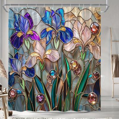 Tenda Doccia con Fiori di Iris in Vetro Colorato - Poliestere, Fiori Viola Rosa Blu, Dettagli Dorati e Perline Preziose, Decorazione Bagno alla Moda