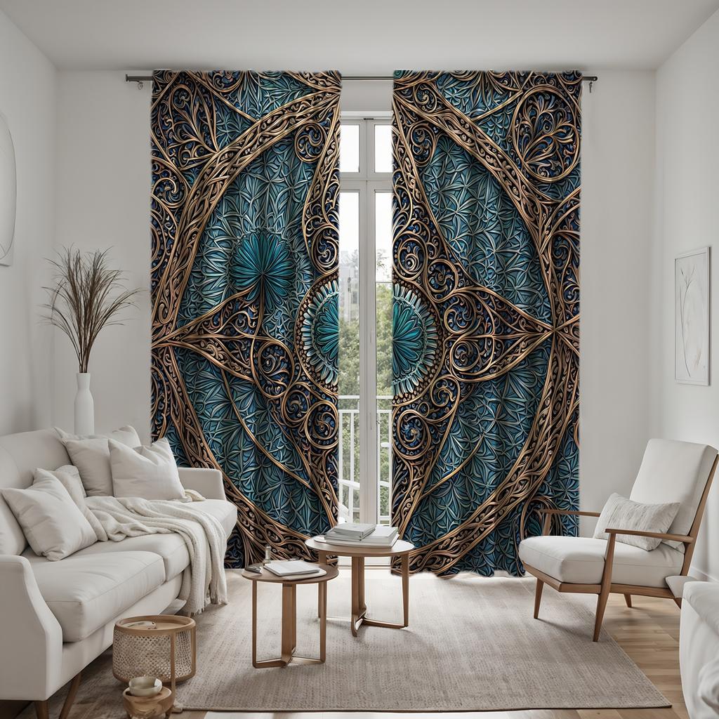 2 st HD Sydostasiatisk etnisk bakgrund snidad dekorativ gardin Blå digitaltryckt gardin Heminredningsstil decora