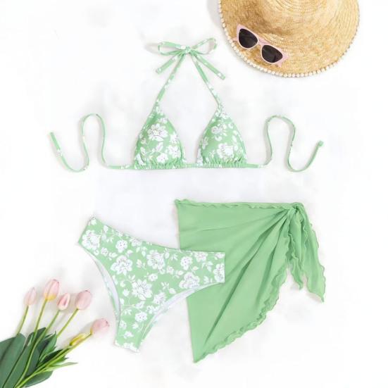 3Pcs/Set Swimsuit Set Halter Chest Pads No Underwire Bra Swimming Briefs Sheer Trim Cover Up Skirt Set Floral Print Split Swimsuit