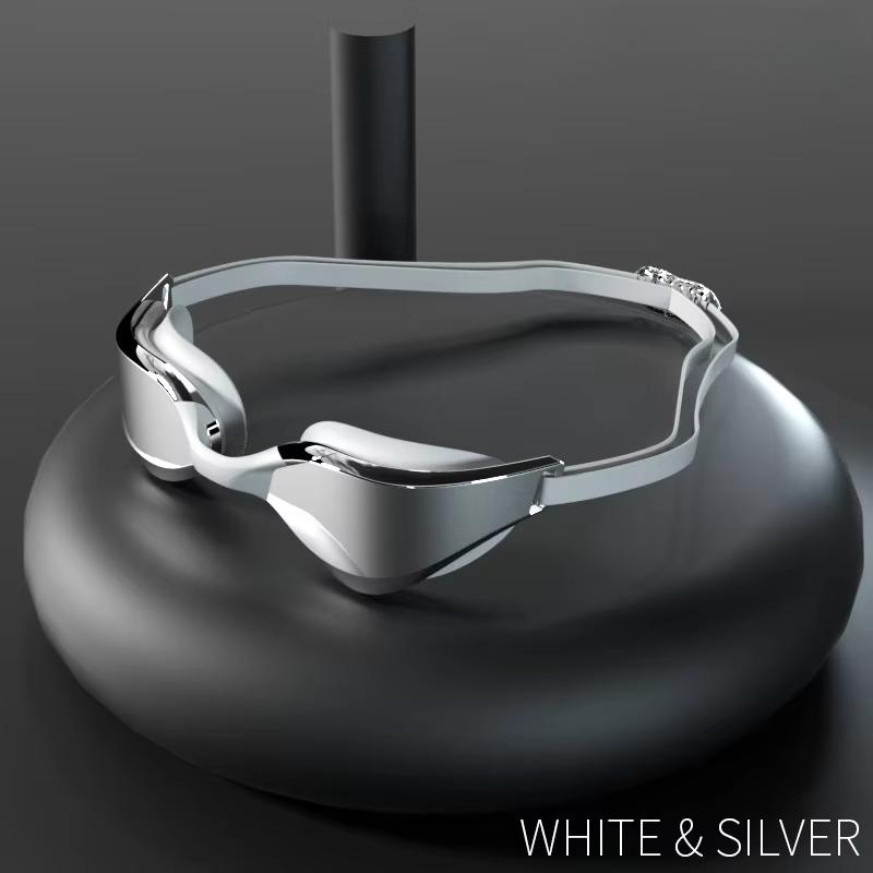 Professional Anti-Fog Swim Goggles with HD Wide-Angle Lens, Comfortable Fit, Adjustable Nose Bridge, Stylish Design White Silver