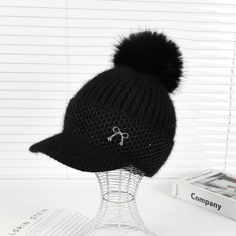 Winter New Duck Tongue Wool Hat Women's Thickened Warm Ear Protection Hairball Knitted Hat Cycling Cold Hat