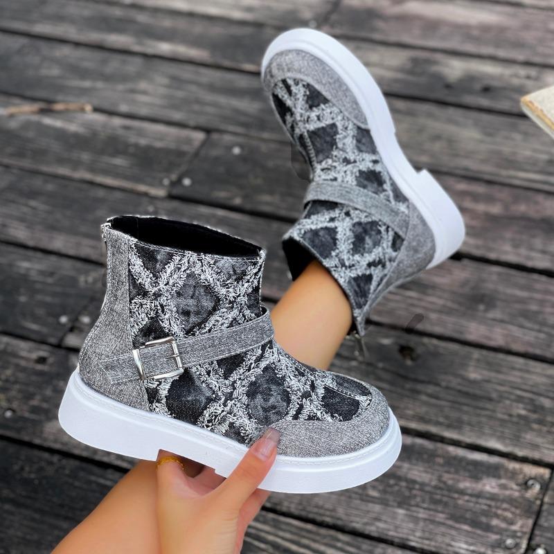 2025 Winter New Ankle Boots Women Flats Boots Belt Buckle Checkered Fashion Designer Trend Women Shoes Cozy Casual Boots