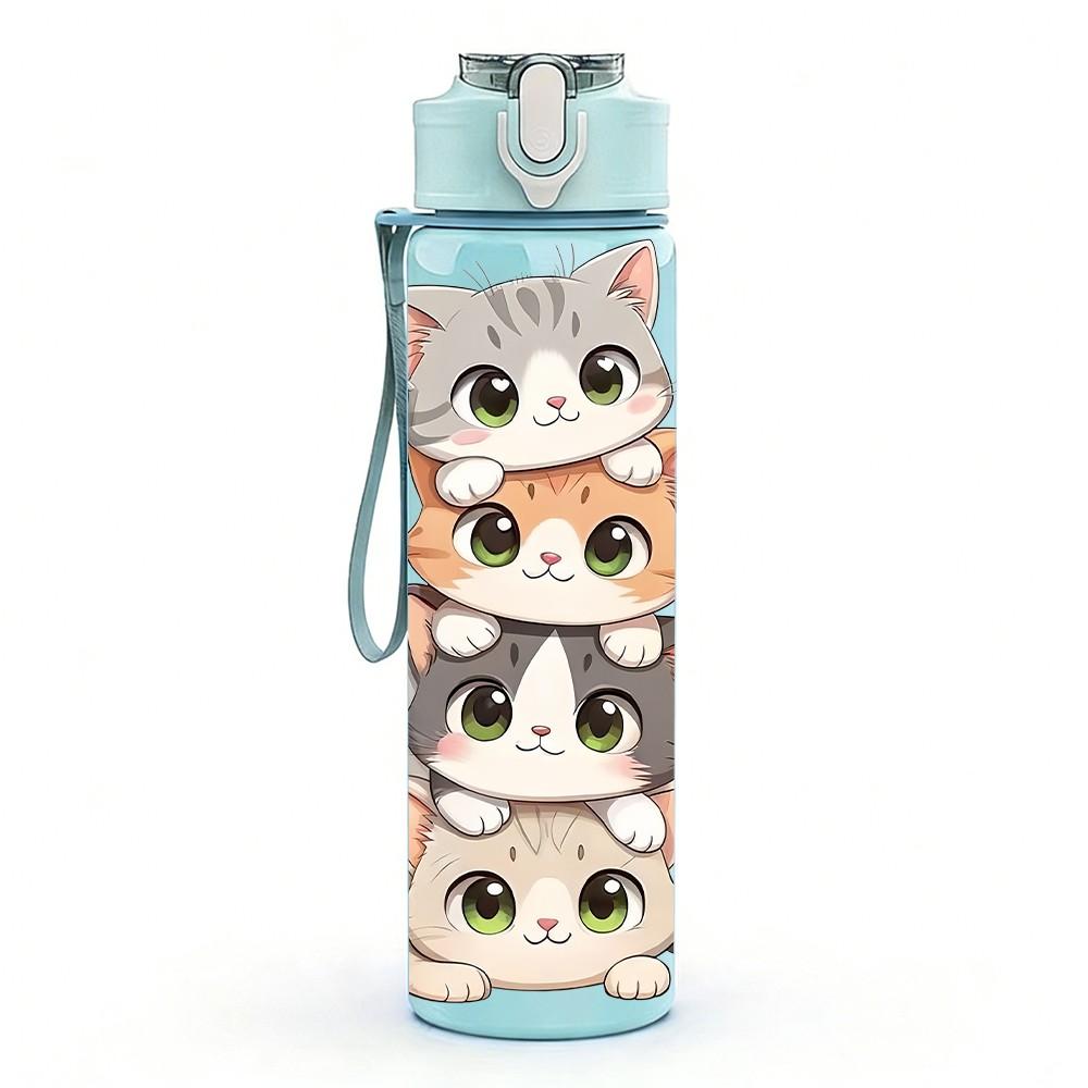 1PC Multi Layer Stacked Cat Cartoon Print 750ml Color Plastic Sports Water Bottle Leakproof Flip Straw Lid Suitable for Sports Office Home Use