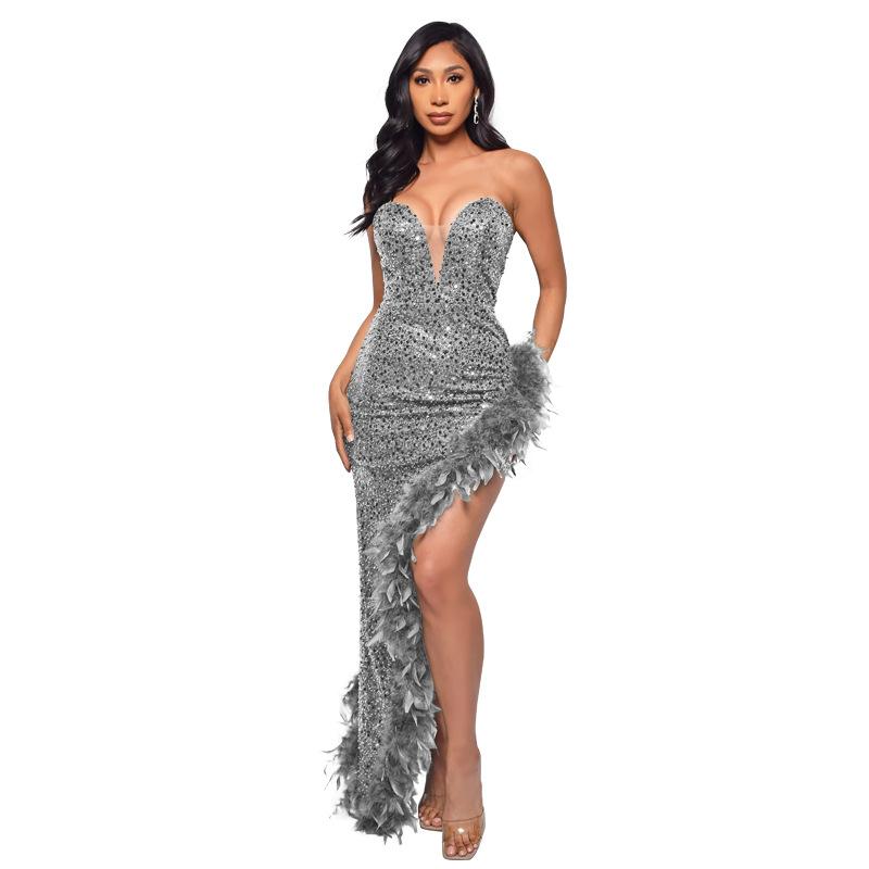 Women's Dress Long Haute Couture Strapless Backless Sequin Dress Feather Patchwork Gown