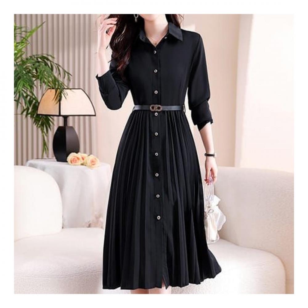 Navava Women No588 Pleats Long Sleeve Shirt Dress