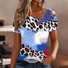 Women Leopard Print Stitching Print Cold Shoulder Short Sleeve T Shirt Irregular Cutout Neck Casual Summer Blouse Top