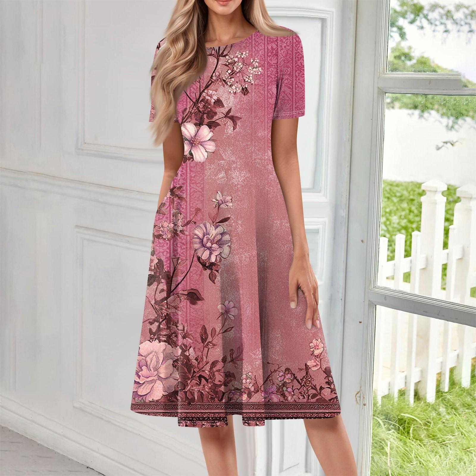 

Женское свободное повседневное и модное платье с круглым вырезом и короткими рукавами, средней длины с принтом M красный