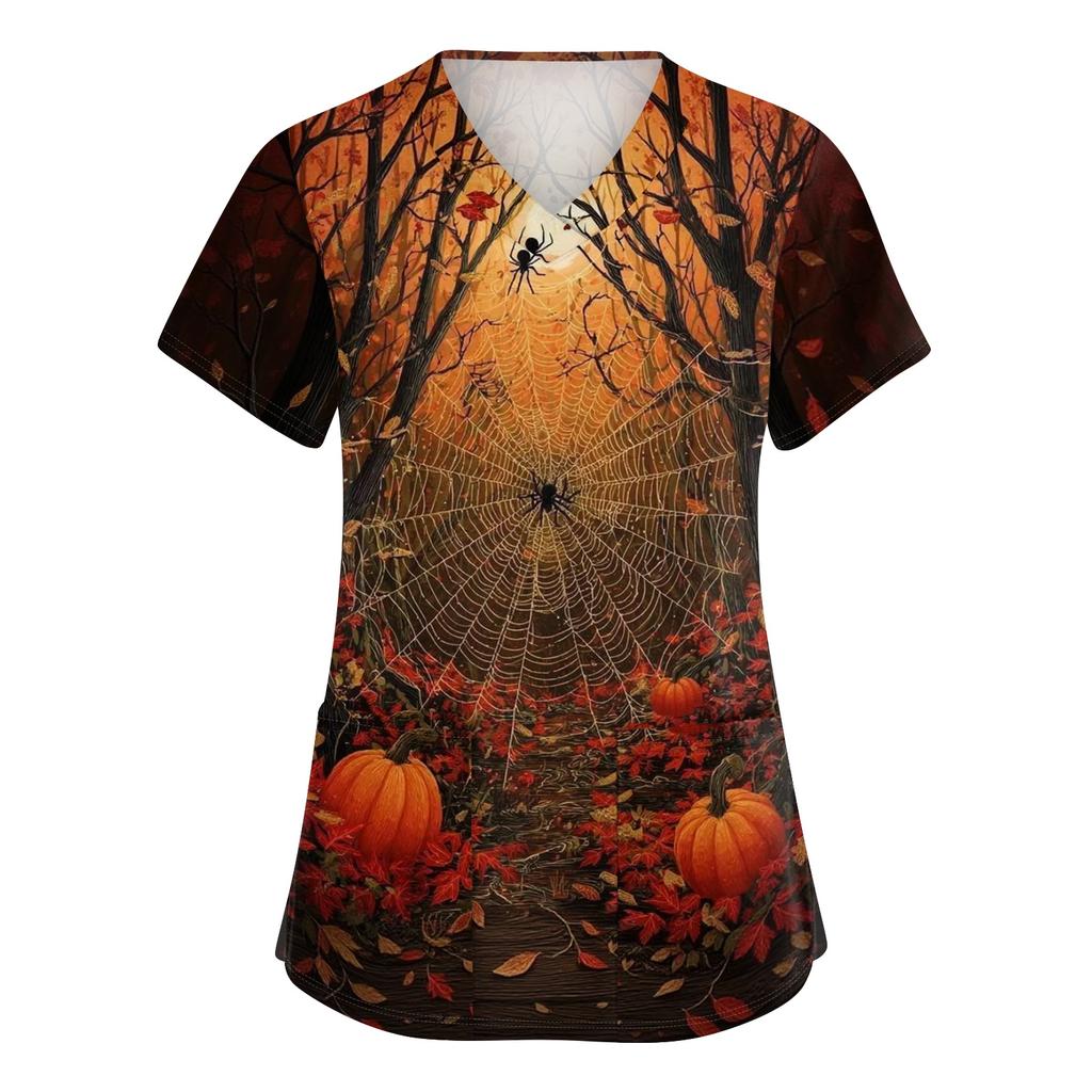 Women V Neck Short Sleeve Work Shirt Double Side Slit with Pockets Halloween Print Top Casual Comfortable Fit