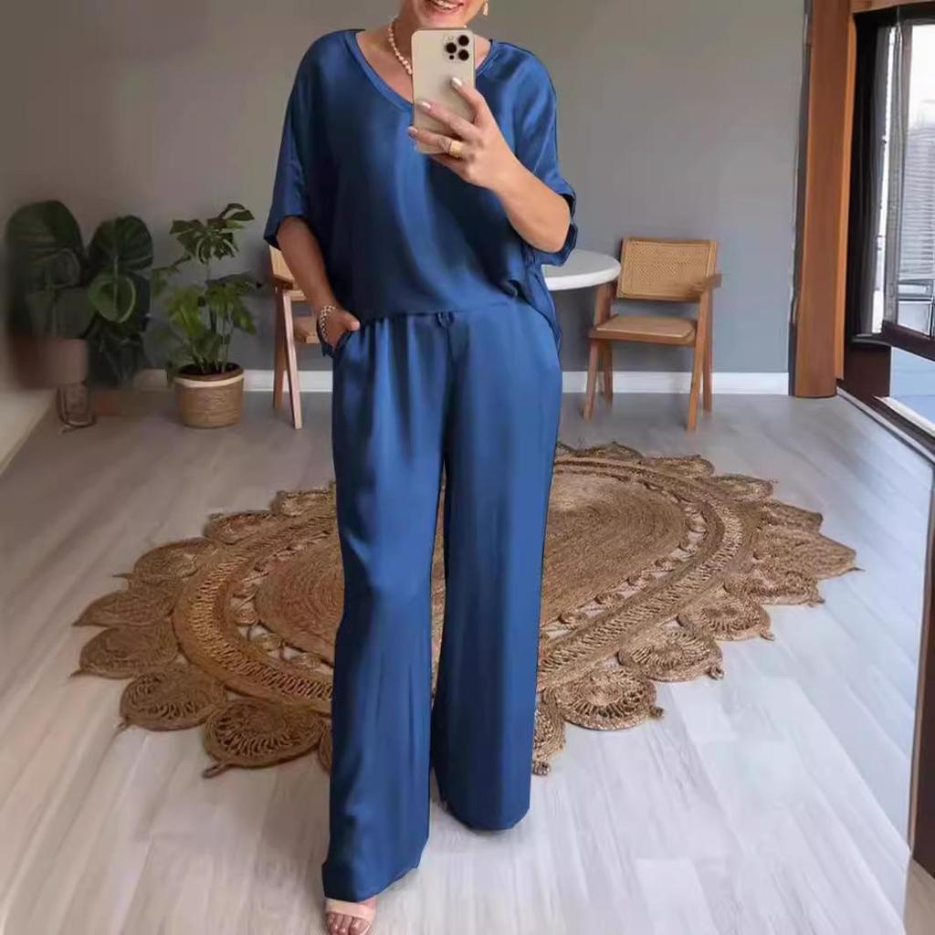 Elegantes Seiden-V-Ausschnitt Freizeit-Sommer-Set für Damen - 2024 Europäische & Amerikanische Mode